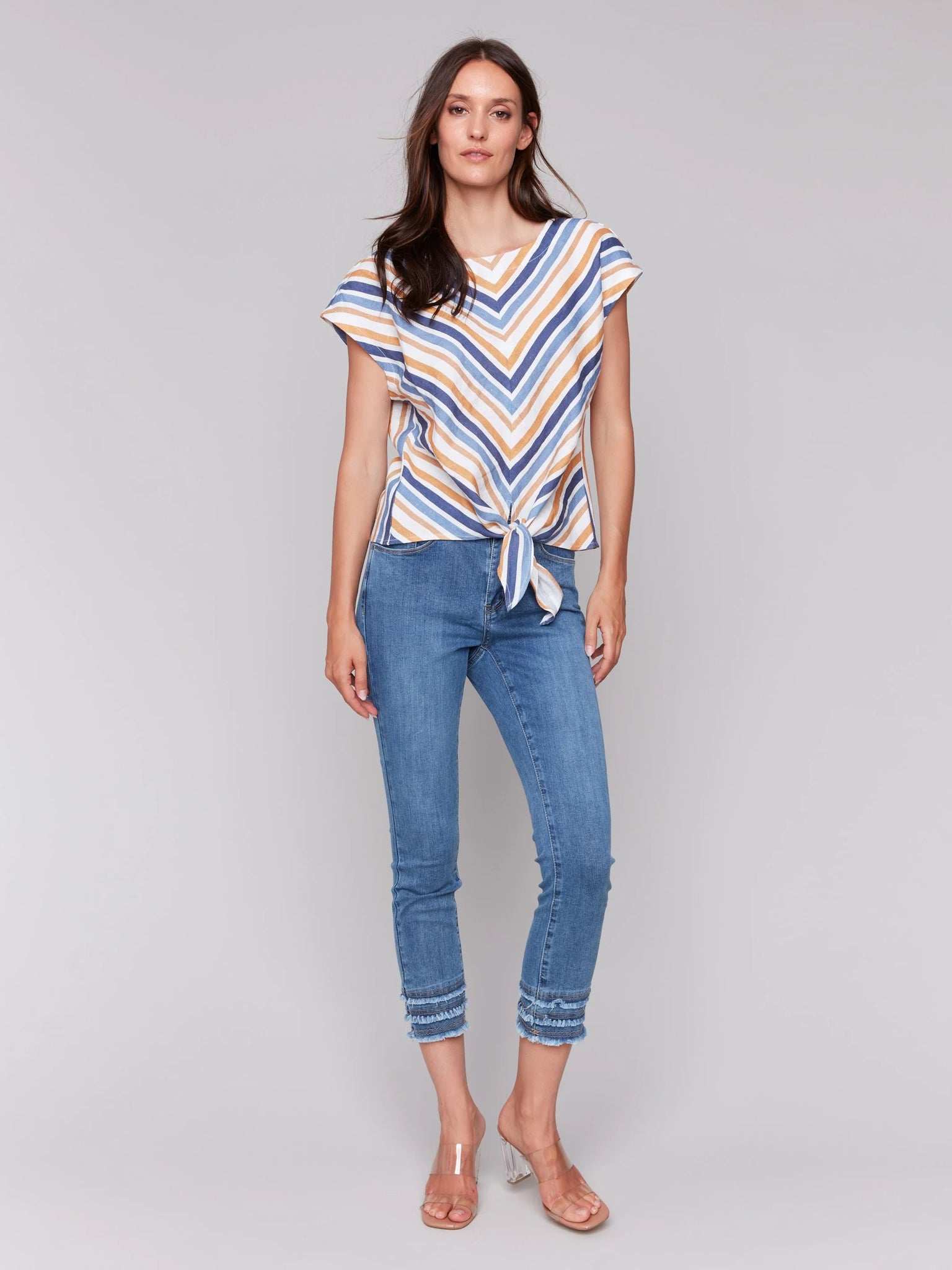 Striped Linen Blend Tie-Front Blouse