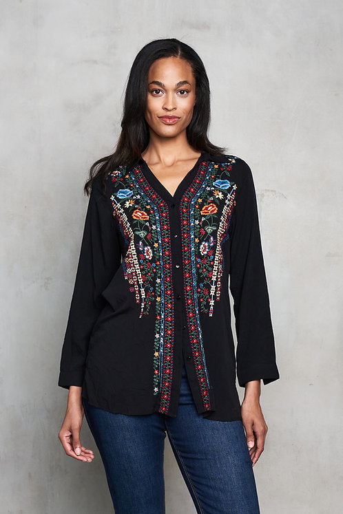 Viscose Split Collar Embroidered Pull-Over Shirt