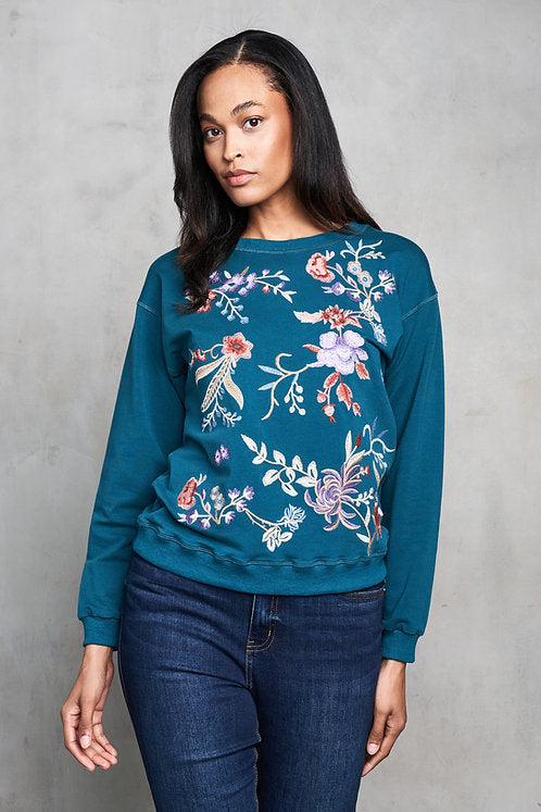 French Terry Multi-Floral Embroidered Top