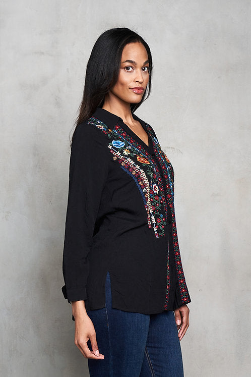 Viscose Split Collar Embroidered Pull-Over Shirt
