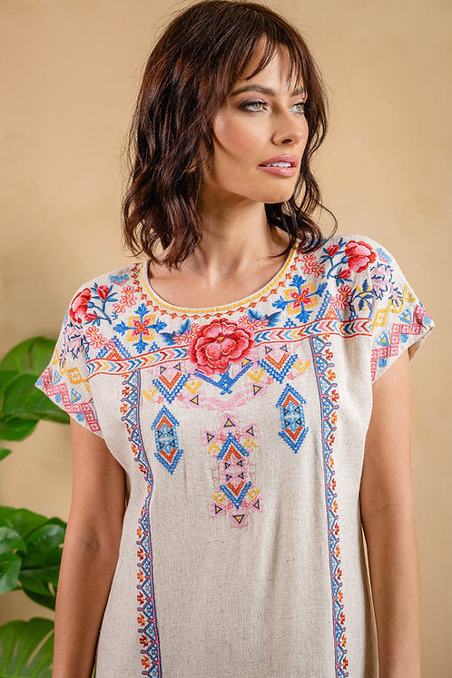 Linen Blend Embroidered Shift Dress