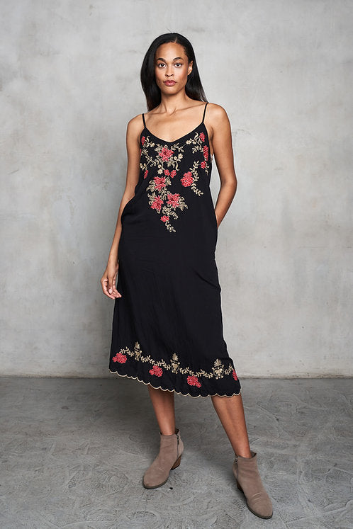 Viscose Embroidered A-Frame Slip Dress w/Pockets