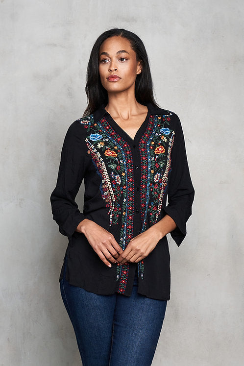 Viscose Split Collar Embroidered Pull-Over Shirt