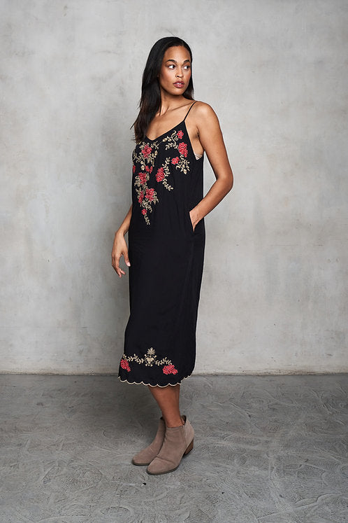 Viscose Embroidered A-Frame Slip Dress w/Pockets