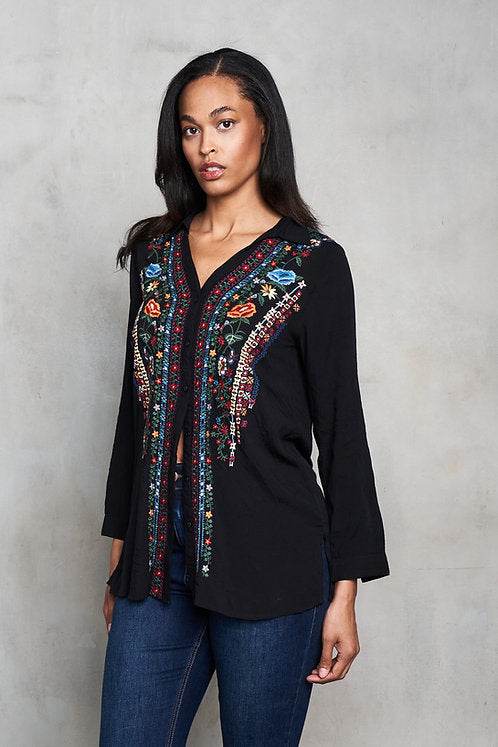 Viscose Split Collar Embroidered Pull-Over Shirt