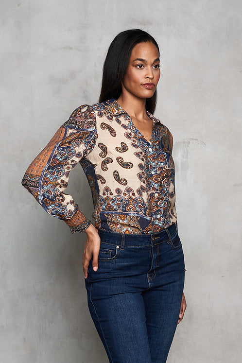 Voile Print Button LSlv Shirt w/Elastic Cuffs