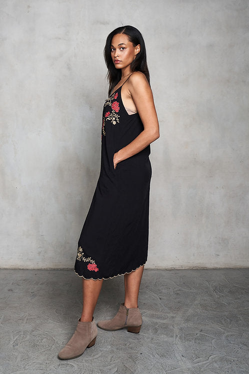 Viscose Embroidered A-Frame Slip Dress w/Pockets