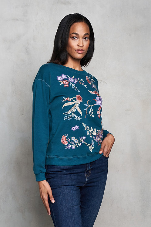 French Terry Multi-Floral Embroidered Top