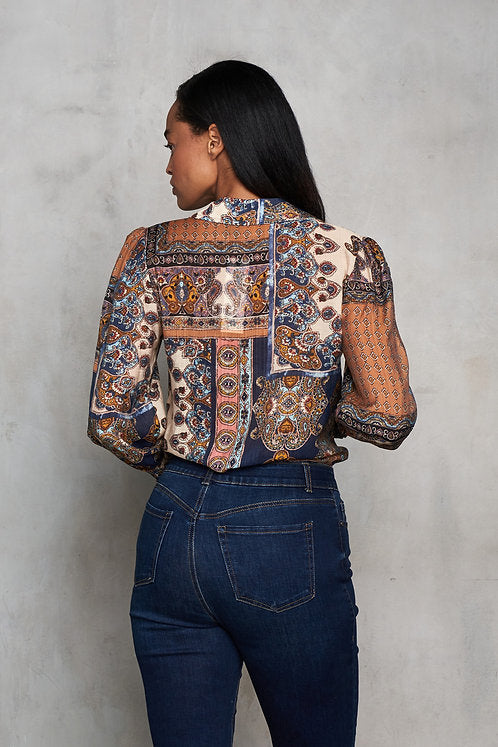 Voile Print Button LSlv Shirt w/Elastic Cuffs