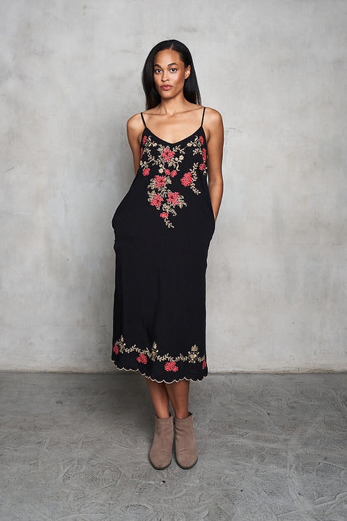 Viscose Embroidered A-Frame Slip Dress w/Pockets