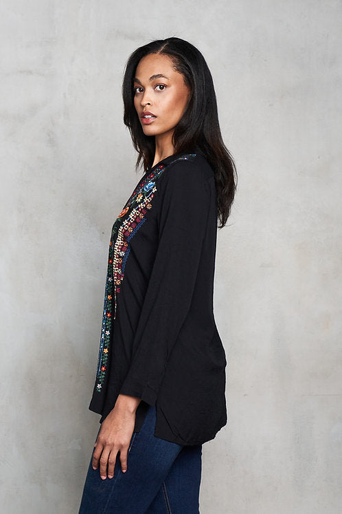 Viscose Split Collar Embroidered Pull-Over Shirt