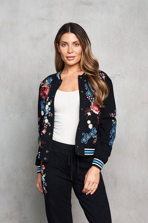 French Terry Embroidered Baseball Jkt w/Stripe Trim