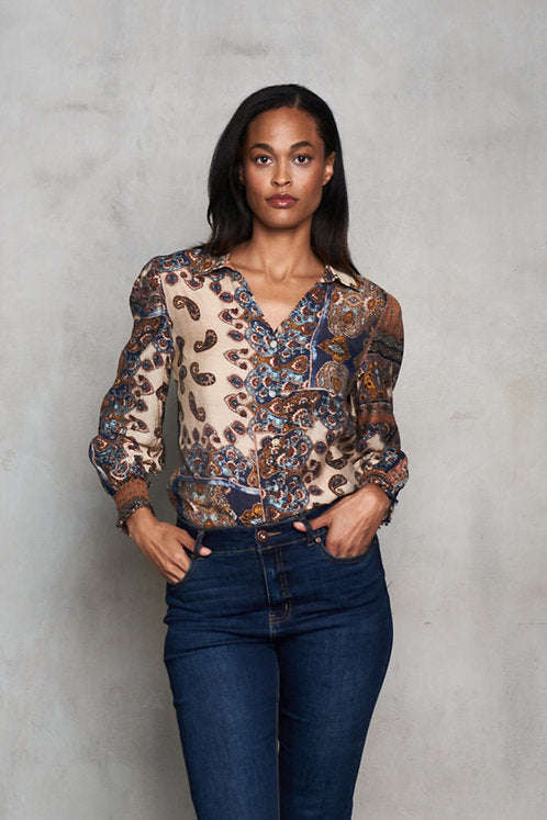 Voile Print Button LSlv Shirt w/Elastic Cuffs