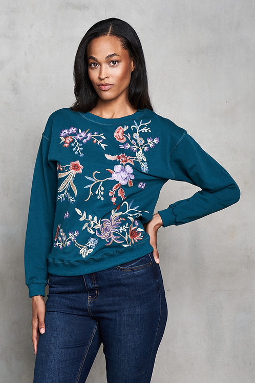 French Terry Multi-Floral Embroidered Top