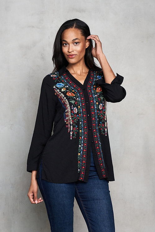 Viscose Split Collar Embroidered Pull-Over Shirt