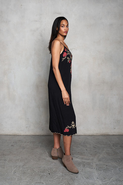 Viscose Embroidered A-Frame Slip Dress w/Pockets