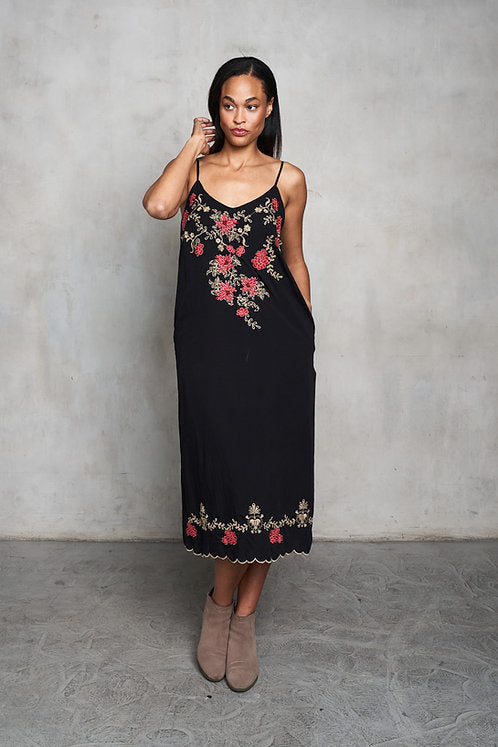 Viscose Embroidered A-Frame Slip Dress w/Pockets