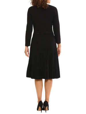 London Times Jewel Neck Pleated Flare Skirt Dress | Black