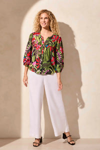 3/4 Sleeve Button-Front Blouse With Pleats