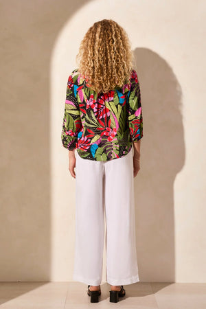 3/4 Sleeve Button-Front Blouse With Pleats
