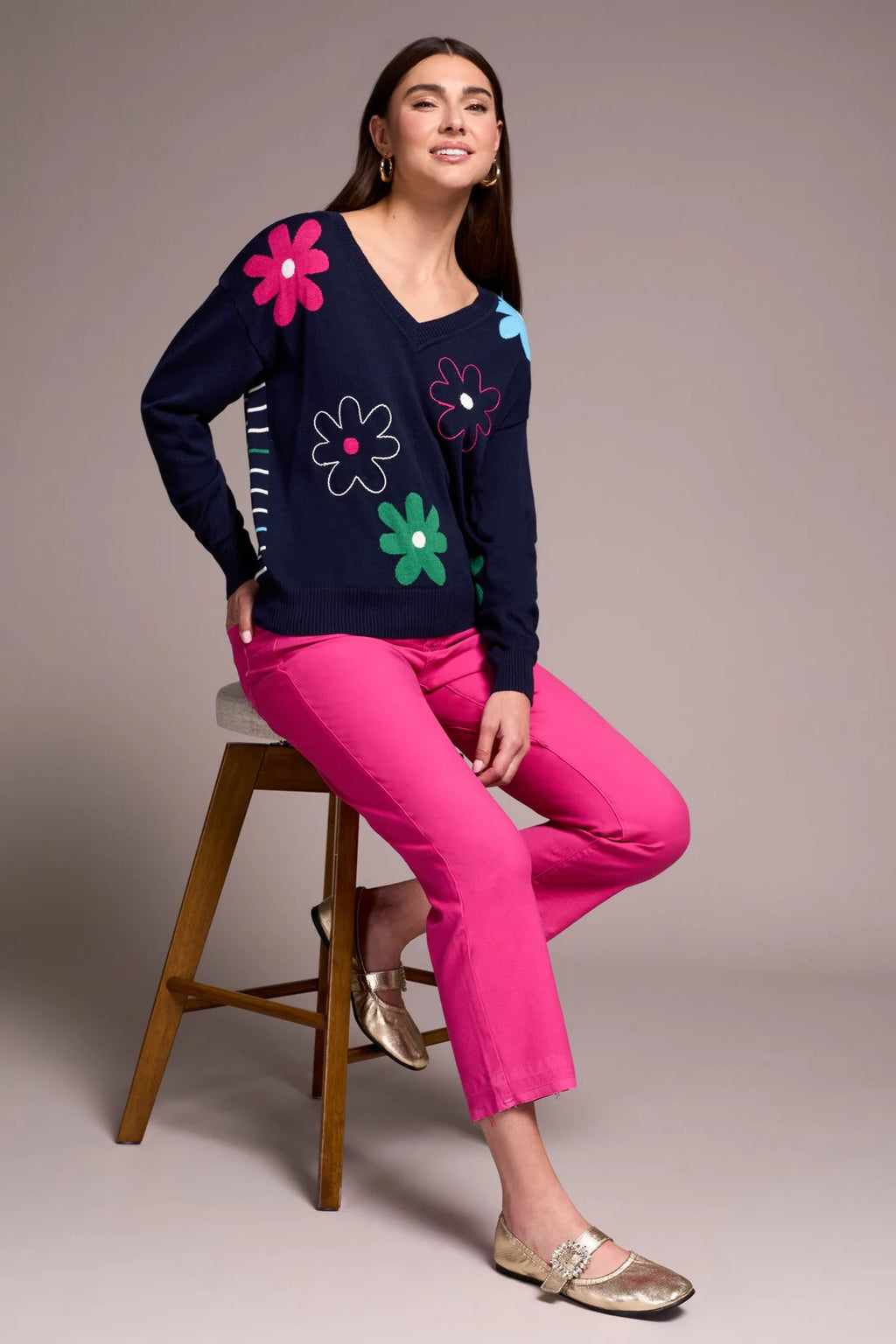 Daisy Flower Front Cotton V-Neck Sweater