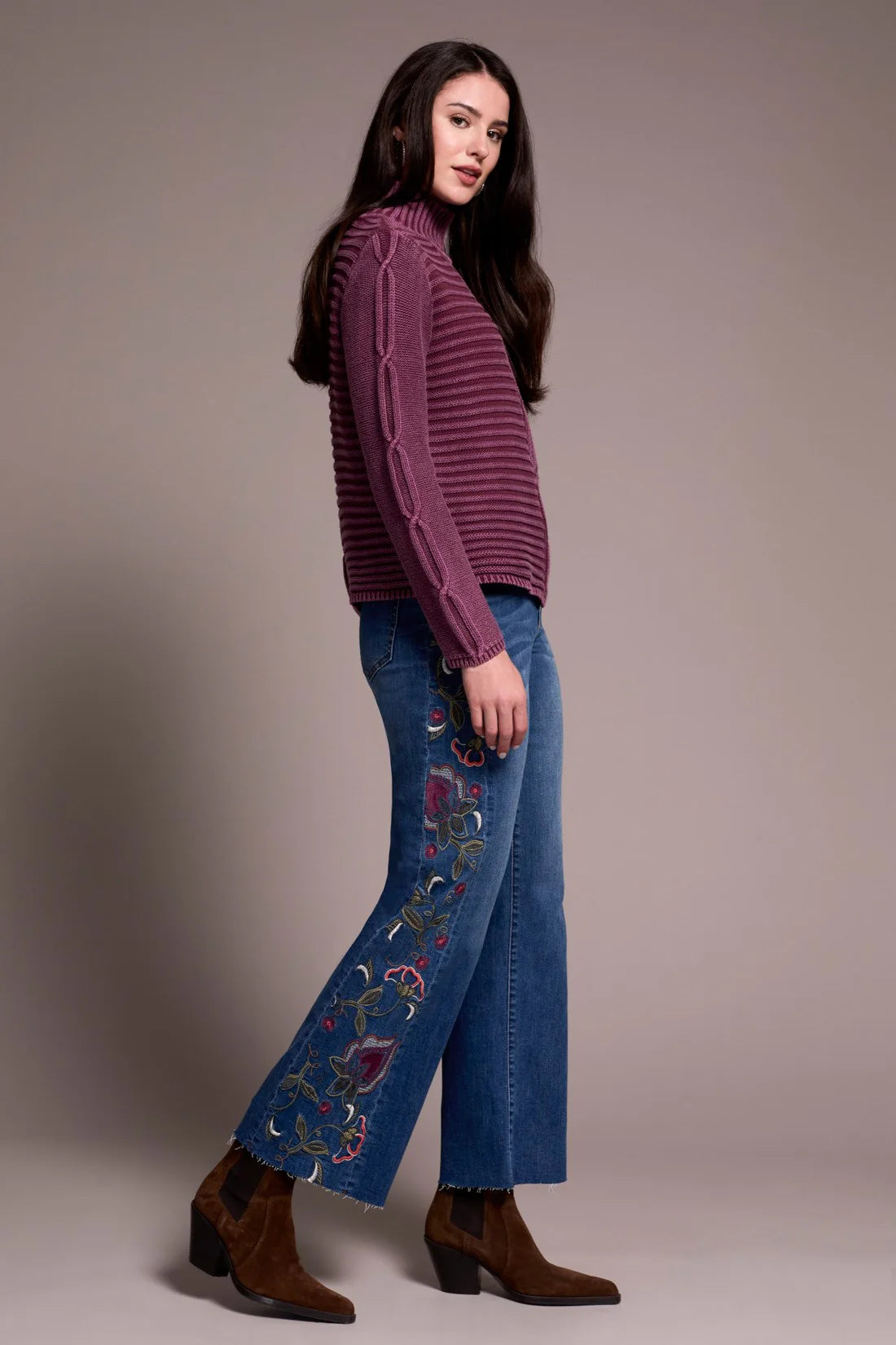 Vintage Washed Cable Knit Mock Neck Sweater