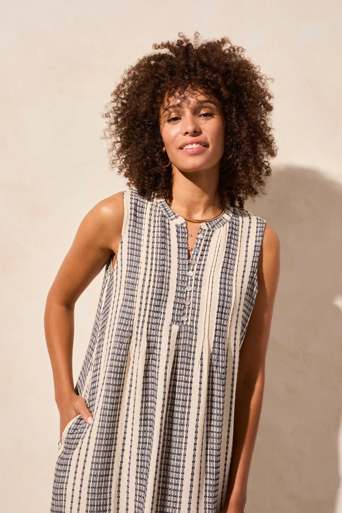 Yarn Dye Stripe Pintucked Sleeveless Dress