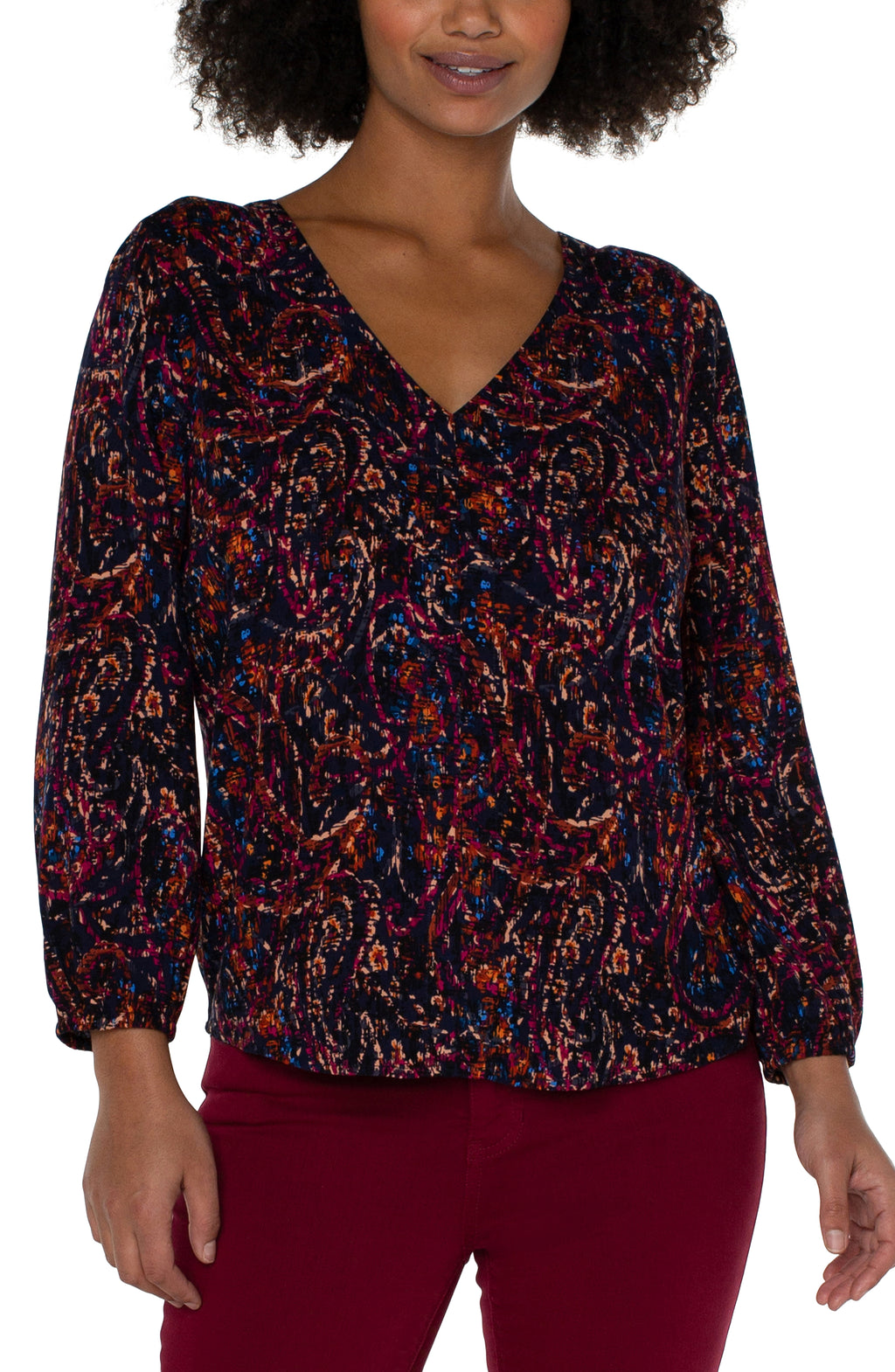 3/4 Sleeve Double V-Neck Woven Top | Paisley