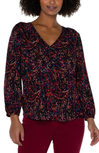 3/4 Sleeve Double V-Neck Woven Top | Paisley