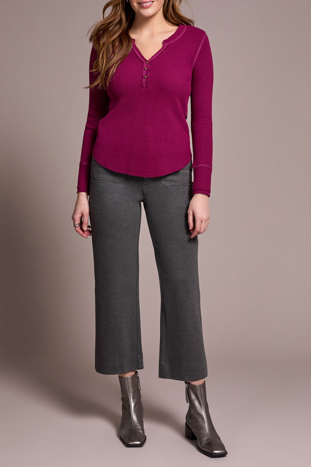 Brushed Waffle Knit Henley Long Sleeve Top