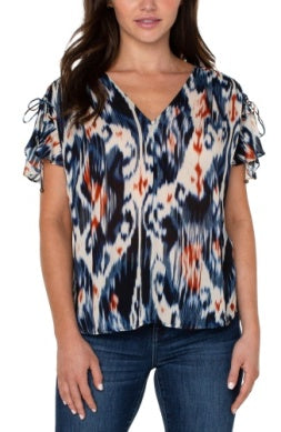 Shirred V-neck Top with Tie Detail | Navy Print