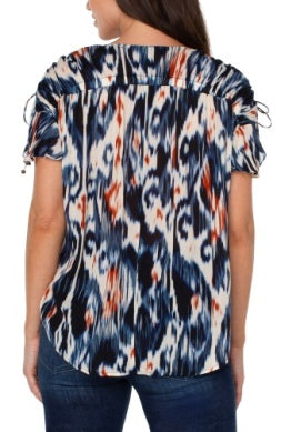 Shirred V-neck Top with Tie Detail | Navy Print