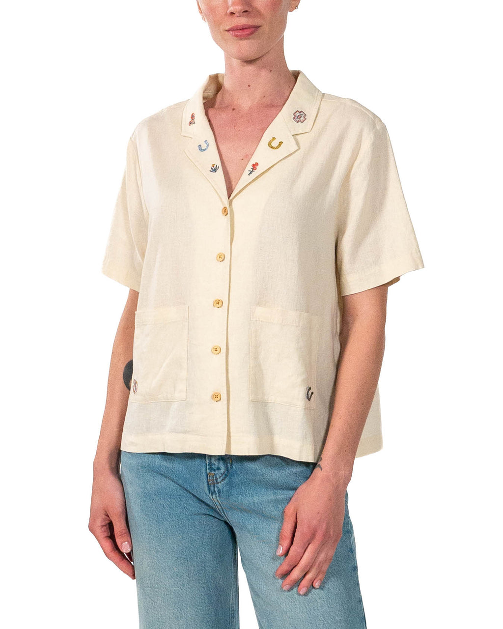 Short-sleeved Embroidered Shirt | Cream