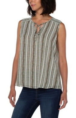 Sleeveless Tie Front Top | Green Striped