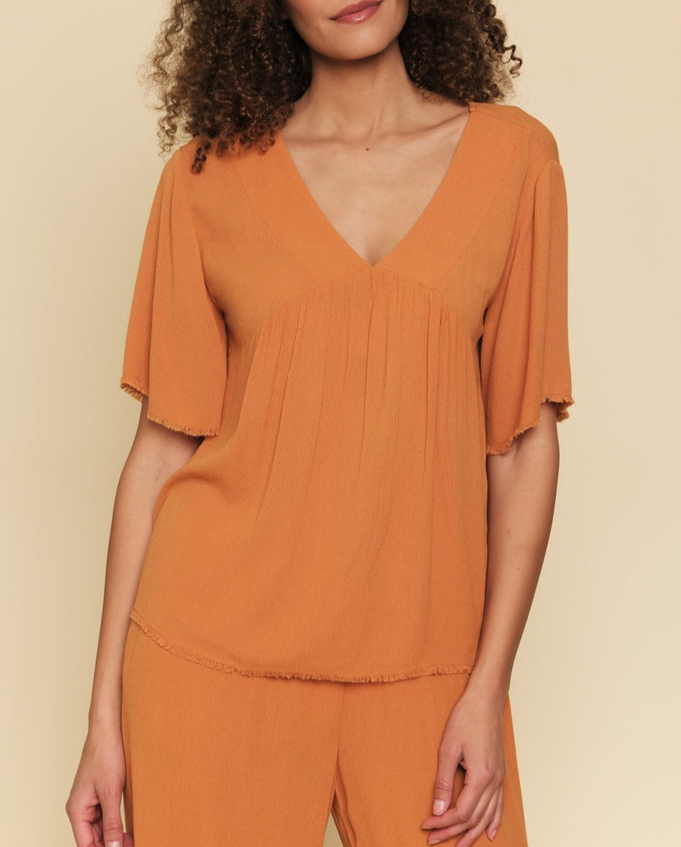 V neck Frayed Top | Pumpkin 