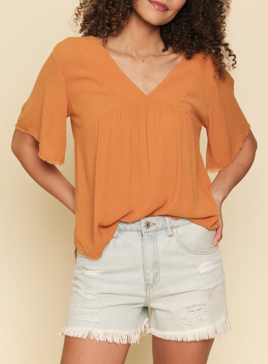 V neck Frayed Top | Pumpkin 
