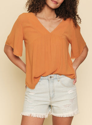 V neck Frayed Top | Pumpkin 