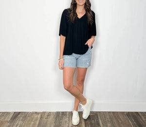 V neck Frayed top | Black
