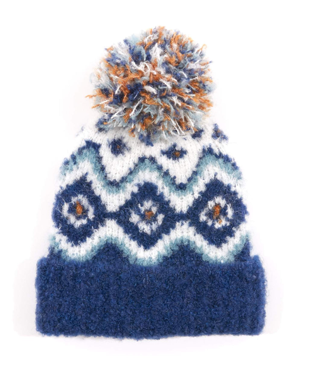 Blue Graphic Fairisle Pom Hat