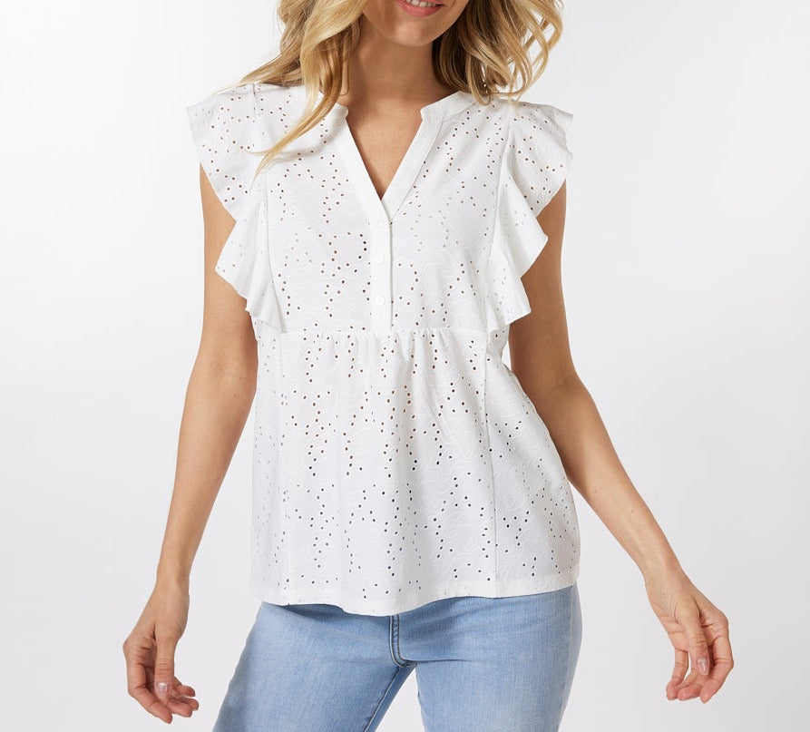 Flutter Sleeve Eyelet Top | Off White