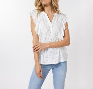 Flutter Sleeve Eyelet Top | Off White