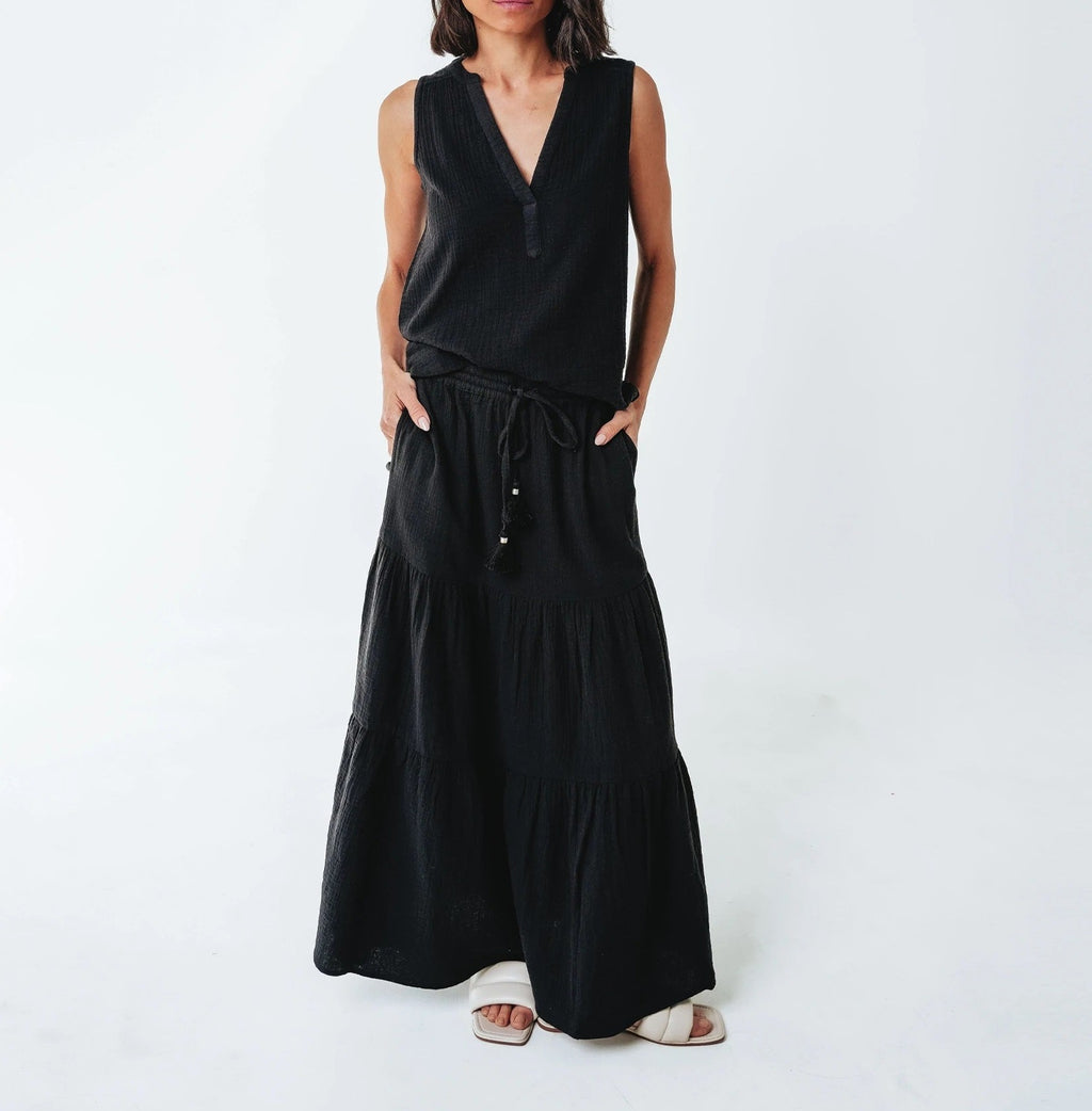Double Gauze Tiered Breeze Skirt | Black