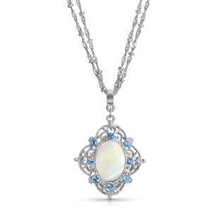 Aqua Marina Mother Of Pearl Filigree Pendant Necklace 16" + 3" Extender